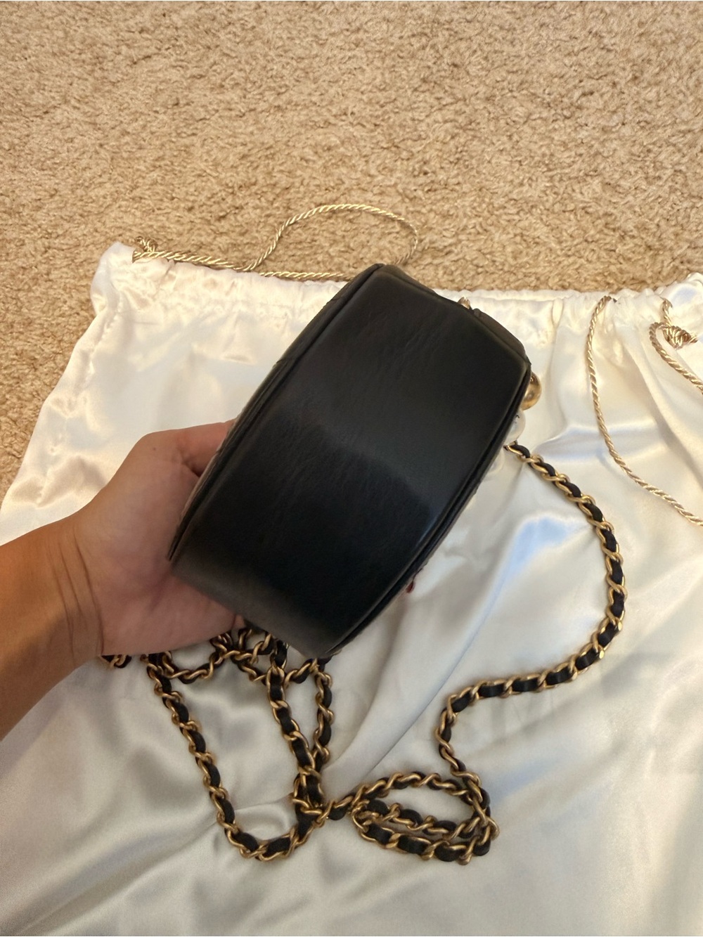 CHANEL Black Quilted Round Mini Crossbody with Pearls & Gold Chain - Picture 6 of 8